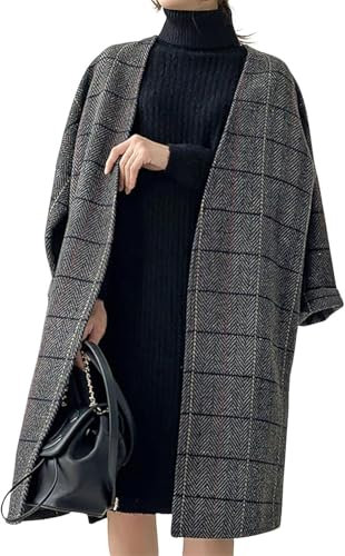 Manteau Long à Carreaux pour Femmes Mode d'automne Trench-Coat Classique à Double Boutonnage Veste mi-Longue Trench décontracté Manteau surdimensionné (Gris,L)