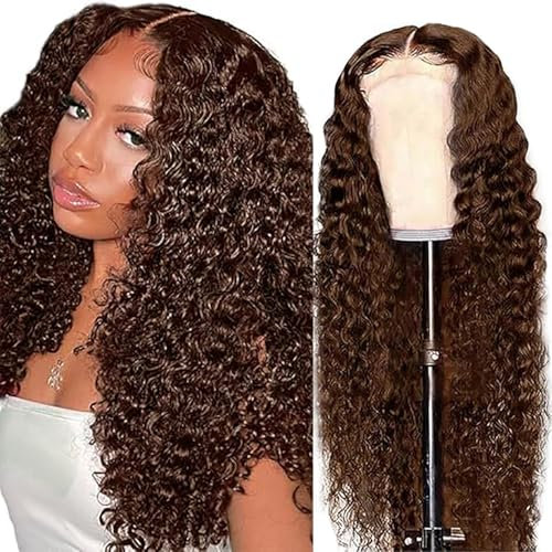 Weeybay Echthaar Perücke für Damen Perücken Deep Wave Human Hair Wig 4X4 Lace Closure Wig Chocolate Brown 150% Density Unprocessed Brazilian Remy Hair Glueless Wig for Woman 14 Zoll