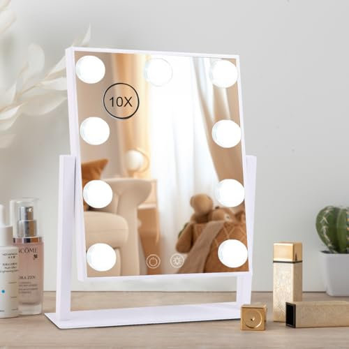 ICDLTJ Vanity Mirror with Lights, XWJ Makeup Mirror with 9 LED Bulbs, Detachable 10x Magnification, 3 Color Lighting Modes, 360° Rotation Touch Screen Brightness Adjustable Rechargeable