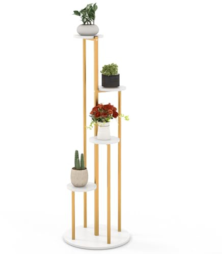 SPOTRAVEL 5-Tier Metal Plant Stand, Tall Plant Pot Holder (Golden+White) | with Anti-Slip Pads, Indoor Outdoor Flower Display Rack Shelf for Home Office Balcony Living Room Garden