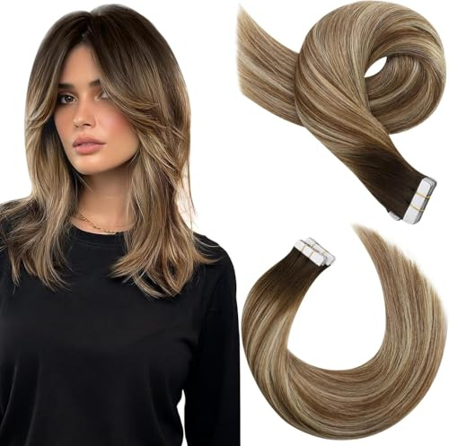 Moresoo Tape in Extensions Echthaar Balayage Braun Blond 35cm 50g | Passend Für Alltag Und Feier,Remy Echthaar Qualität,Tape Weft Design,Natürliche Bewegung,Farbverlauf Ombre Braun