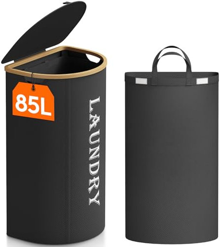 Lifewit 85L Wäschekorb mit Deckel, Wäschesammler mit abnehmbaren Wäschesäcken für schmutzige Wäsche, Laundry Baskets, faltbare Wäschekörbe für Badezimmer, Schlafzimmer, Schwarz