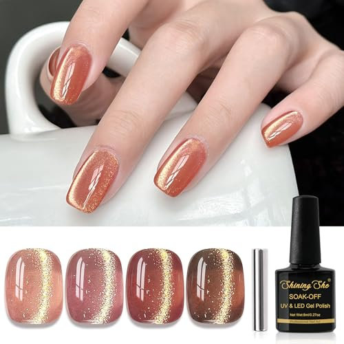 Shining She Gel Nail Polish Jelly Cat Eye, 4 Colours Brown Crystal Magnetic Gel Polish with Magnet Soak-Off UV/LED Glitter Gel Polish for Nail Art Salon DIY Home, 8 ML