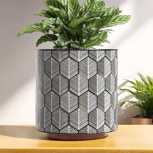 AmiCera Moderne Blumentopf Sechseckiges Muster, Boho Übertopf für Zimmerpflanzen, Dekorative Blumen Pflanztopf mit Drainage, Eklektische Sukkulenten Gartenarbeit Topf Funky Geschenke, Schwarz