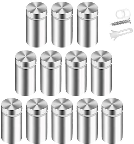 12 Stück Abstandshalter Edelstahl,Werbung Schraube,Werbung Schraube Glas Abstandshalter,Schilder Abstandshalter Schilderhalter,Wandabstandshalter Schraub,Edelstahl Werbeschraube Nagel,Silber,12x25mm