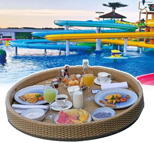 HEGGMKK Schwimmendes Frühstückstablett Für Den Swimmingpool, Mit Griffen, FE-Rattan + Manuelles Weben, Wasserdicht, Leicht Zu Reinigen, Für Sandbänke, Spas, Bäder, Partys,80×80×20cm,Apricot