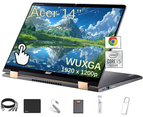 acer Chromebook Spin 714 Touchscreen Laptop, 14 WUXGA (1920 x 1200), 13th Gen Intel 10-core i5-1335U, 8GB RAM, 256GB SSD, Backlit Keyboard, Thunderbolt 4, Chrome OS, with 5ave 6-in-1 Accessory Kit