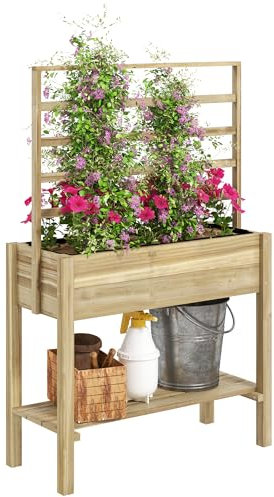 Outsunny Jardinière sur Pieds, carré Potager de Jardin sur Pieds, avec Treillis, Trous de Drainage et étagère inférieure, Potager surélevé en Bois pour Fleurs, 88 x 37 x 137 cm, Bois Naturel