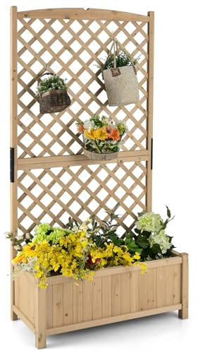 HOMASIS Jardinière Surélevé avec Treillis en Bois, Lit de Jardin avec Trous de Drainage pour Plantes Grimpantes, Légumes, Fleurs, Bac à Plantes pour Balcon, Jardin, Terrasse, 90 x 44,5 x 180,5 cm