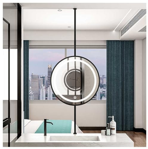 KZKZK An der Decke hängender Spiegel, runder, dimmbarer, an der Wand montierter Badezimmerspiegel, Metallrahmen, for die Inneneinrichtung oder das Hotel(Black,70cm)