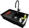 PRIMAGRAN Lavandino da Cucina Nero 76x47cm, Lavello da Cucina a 1 vasca + Sifone Classico + Rubinetto 40x13cm + Accessorio, Lavabo da Cucina Incasso al mobile 80cm - Prague Slim