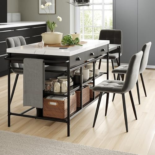 Isla de Cocina Moderna con Ruedas, Mesa de Bar y Juego de Comedor Multifuncional - 4 Taburetes Altos, 4 Sillas Grises, Estantes Ajustables, Gabinetes de Almacenamiento