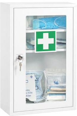 First Aid Products Erste Hilfe Verbandschrank F mit Sichtfenster – inkl. DIN 13157:2021 Füllung, Metall & Pulverbeschichtet, 1-türig - Büro, Betrieb, Schule, Kita & zu Hause - Weiß, 46 × 30 × 14 cm