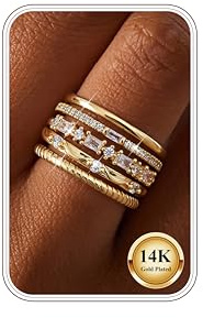 Kakonia 5 Stück Ringe Gold Silber Damen Wasserfest 14K Vergoldete Ringe Set Verlobungsring Stapelringe Damenring Mit Zirkonia Engagement Statement Promise Ring Silber Goldring Schmuck