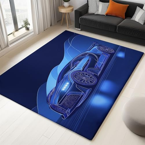 Generisch Dunkelblau Teppich, 140 x 200 cm Wohnzimmer Schlafzimmer Innen Küche Wohnzimmer Bettvorleger Teppich, Fahrzeuge Coole Sportwagen Anti-Rutsch Unterseite Waschbar