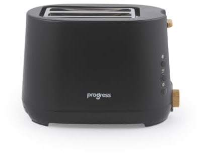 Progress Skara Toaster, 2 Slice, 6 Browning Levels, Matt Black 750W | Defrost, reheat, cancel functions, Removable crumb tray, Blue LED illumination, Wooden accents, For bagels crumpets sourdough