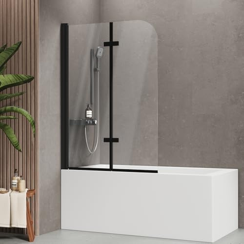 EMKE Faltbare Duschwand für Badewanne 100x140 cm, 2-teilig, Schwarz | 6 mm ESG Glas, 180° Schwenkbar, Hebe-Senk, Leicht zu Reinigen, Alurahmen, Badewannenaufsatz, Duschabtrennung
