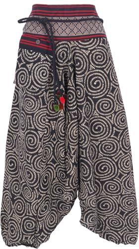 GURU SHOP Weite Haremshose mit Breitem Webbund, Kordelband - Spirale/schwarz, Damen, Baumwolle