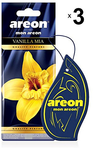 AREON Mon Auto Lufterfrischer Vanille Mia Duft Autoduft Hängend Aufhängen Anhänger Geruch Parfüm Erfrischer Duftspender Blau Spiegel Pappe 2D Wohnung (Vanilla Mia Set Pack x 3)