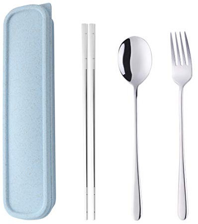 SBOMHS Tragbares Outdoor Reisebesteck set Silber Camping Besteck to go Picknick Schule Büro Lunch Geschirr für 1 person Edelstahl Essstäbchen Lange Tafelgabeln Suppenlöffel Weizenstroh Geschenkbox