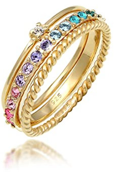 Elli Ring Damen Set Multi-Color Funkelnd mit Kristallen Bunt in 925 Sterling Silber vergoldet