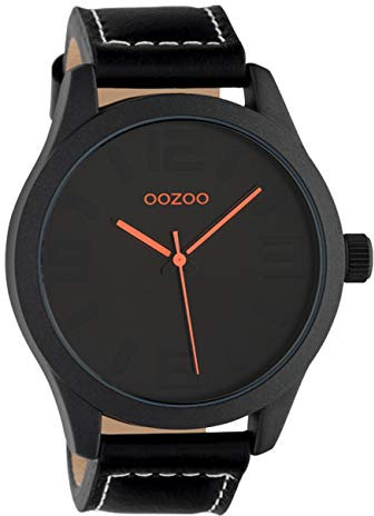 Oozoo Basic Line Uhr mit Lederband Ø 47 mm Farben, C1069 - Schwarz/Schwarz, extra groß, Klassisch