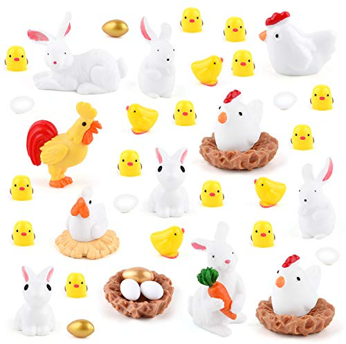 TUPARKA 40Pcs Tiere Miniaturfiguren, Osterkaninchen Miniaturfiguren, Hühnerfiguren, Hahn, Henne, Ei, Hühnernest Ornamente für Fairy Garden Cake Cupcake Toppers Osterfeierdekoration
