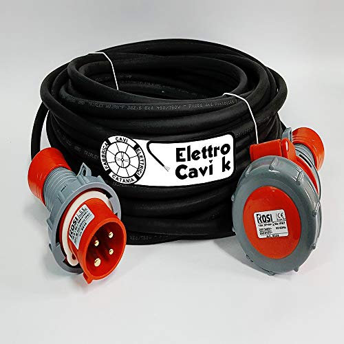 ® ELETTRO CAVI K - PROLUNGA ELETTRICA INDUSTRIALE 50 METRI PROFESSIONALE CAVO H07RN-F 4G4 MM² 4 POLI CANTIERE MAGAZZINO MACCHINARI SPINA E PRESA 3P+T IP67 32 A 380 V PORTATA 10 KW 10,000 WATT