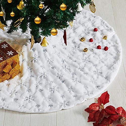 Husang - Gonna per albero di Natale, 150 cm, in finta pelliccia sintetica, con paillettes argentate, a doppio strato, per albero di Natale, 1,5 m – 2020