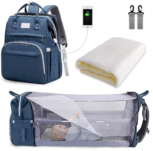 SNDMOR Wickeltasche Rucksack, wickelrucksack mit bettfunktion Großer, Multifunktionale Diaper Bag Mit Wickelunterlage, Kinderwagen-Haken, Geeignet für Mama und Papa (Dunkelblau)