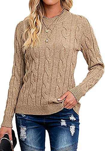 Breampot Women Cable Knit Jumper Casual Basic Long Sleeve Pullover Sweater Tops(Khaki,Medium)