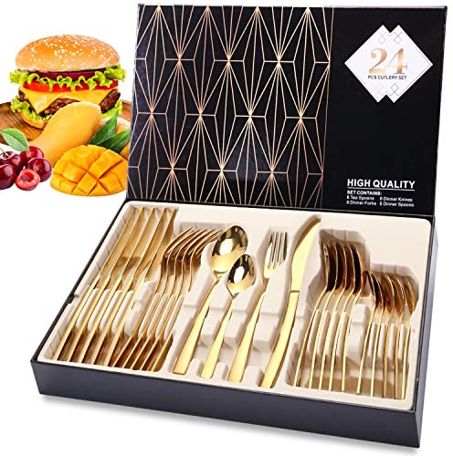 Besteckset Golden 24 Teilige, Geschenkset Edelstahl Essbesteck für 6 Personen, Messer und Gabel Set, Tafelbesteck, Spülmaschinenfest (Handwäsche wird empfohlen) Cutlery Set