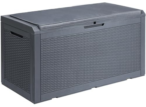 YITAHOME Garden Storage Box Waterproof, Heavy Duty 380L Large Resin Deck Boxes with Cushion, Weather Resistant Durable Outdoor Storage Containers, Outdoor Cushions, Lockable, Dark Grey