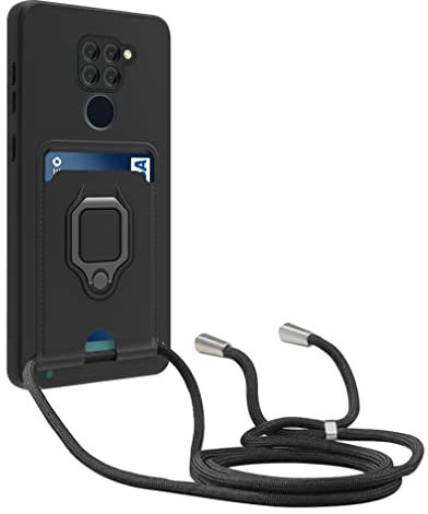 yanasuo Protección de Cámara Funda Compatible con Xiaomi Redmi Note 9, con Anillo Soporte, Ajustable Collar Correa de Cuello Cordón Carcasa de Silicona-Negro