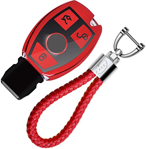 KASER Coque Clé en Silicone Compatible pour Mercedes Chiave Classe A B C E CLA CLK GLA GLC Etui Porte-clés Effet Cuir Protection Télécommande Voiture Keyless (Rouge)