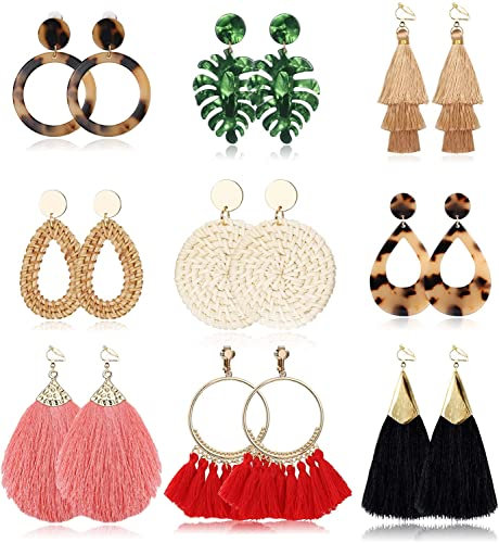 ADRAMATA 9 Paar Böhmische Ohrringe für Frauen - Clip, Acryl, Rattan, Geometrische Quaste, Creolen, Strandschmuck - Nicht Durchbohrter Schmuck