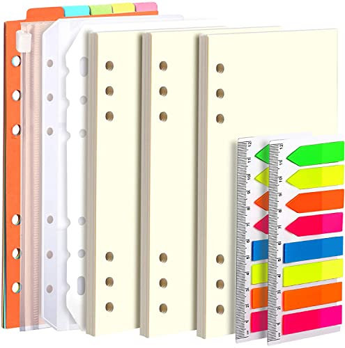 LEOBRO A6 Ringbuch Nachfüllpapier Blanko, 135 Blätter, mit Register, 320 Stück Haftstreifen, 2 PCS Binder Taschen, A6 Refill Paper für Personal Organizer, Loseblatt Notizbuch