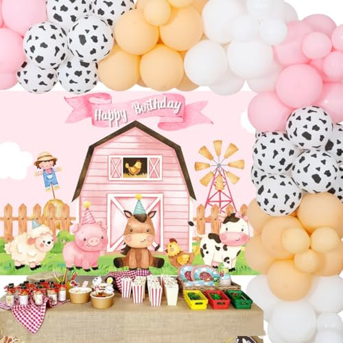 JOYMEMO Bauernhoftiere Geburtstagsdekorationen für Mädchen, Kuhdruck Rosa Ballon Girlande Bogen Kit, Bauernhaus Barnyard Party Supplies mit Hintergrund für 1. 2. Geburtstag