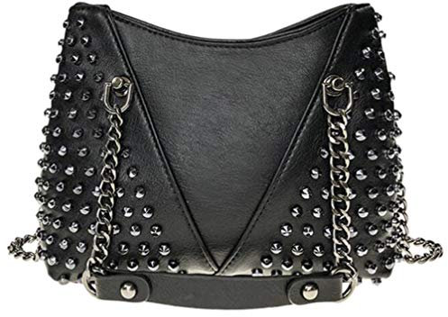 Luxshiny Schultertasche aus Leder mit Nieten, Messenger-Tasche, Henkeltasche, Rock-Crossbody-Tasche, Nieten-Umhängetasche, Kettentasche, Gothic-Geldbörse für Damen, Schwarz , 18.5X15CM