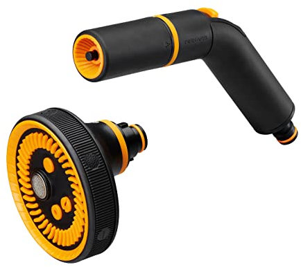 Fiskars Sprüh-Set, Sprühpistole mit Strahl-/Spül-Sprühbild und Sprühpistolenkopf mit 5 Funktionen, Stufenlos regelbarer Durchfluss, Universalgröße, Schwarz/Orange, 1056494