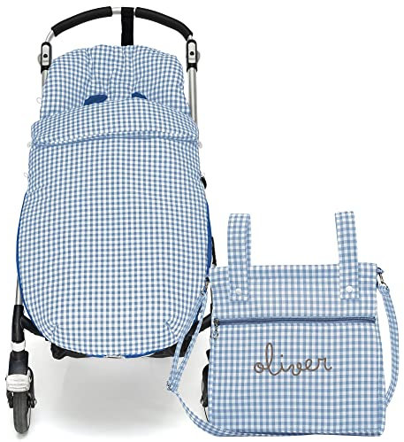 Conjunto de Saco Silla de paseo Universal + Bolso Panera Personalizada – Conjunto Saco Universal + Talega o bolsa para carrito bordada con nombre – Vichy Azul empolvado – Nenel
