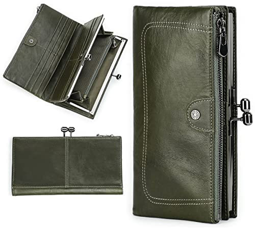 CONTACTS Damen Geldbörse Gross mit Kiss Lock,Leder Lang Geldbeutel Clutch Reißverschluss Portmonee Dunkelgrün,RFID Telefon Portemonnaie mit 13 Kartenfächer und Münzfach
