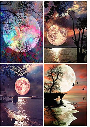 DCIDBEI Broderie Diamant Lune Paysage de Bord de Mer 30x40 cm Arbre de Vie avec Mer de Nuit