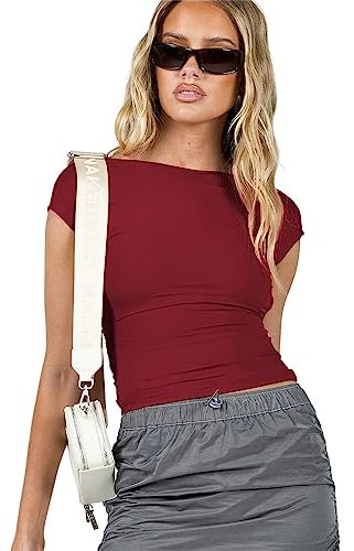 HEYPORK Damen Frühling Sommer Top Bluse Bequem Lässig T-Shirt Mode Blusen Frauen Backless Bequem Atmungsaktiv Kurzarm Slim Top T-Shirt(Wein, L)