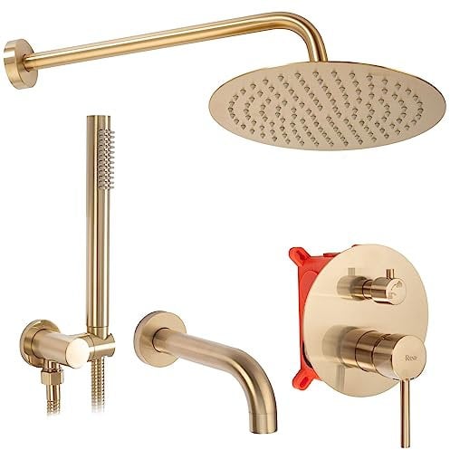 Rea Lungo Brush Gold Set Doccia-Vasca DA INCASSO + Box Doccia in Ottone per Bagno (Oro)