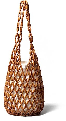 RomanticDesign Damen-Handtasche, Retro-Holzhandtasche, gewebte Perlen, Tragetasche, ausgehöhlt, Strand, lässig, Eimer-Geldbörse