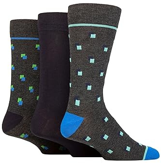 SockShop Wildfeet Mens Patterned, Spots and Stripes Bamboo Socks Pack of 3 (7-11, Square Spots Charcoal)