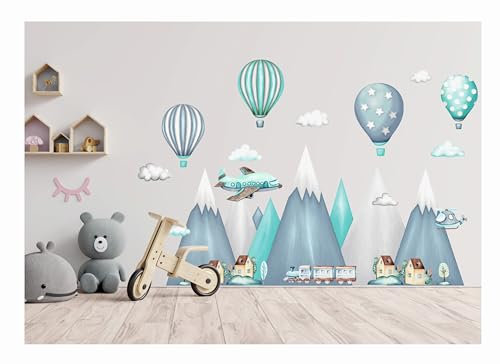 Wandtattoo kinderzimmer berge Nordic Bergen Aufkleber Wandaufkleber Kind Baby Kindergarten Zimmer Gebirge luftballons Ballons Ballon Wolken Wolke Landschaft Wanddeko Baby Kinder Flugzeug XXL