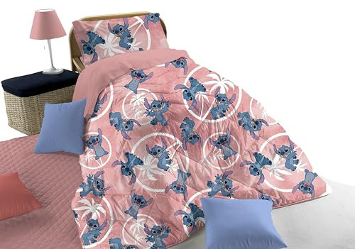 Stitch Disney Winter-Steppdecke für Einzelbett, Rosa, aus Baumwolle, Marvel, 170 x 260 cm, Bett für Kinderzimmer
