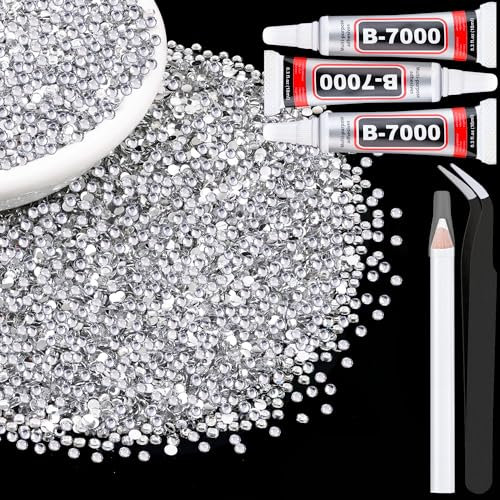 6000Pcs 3mm Resin Rhinestones with 1Pcs 10ml B7000 Jewelry Glue for Crafting, Clear Large Amount Flatback Gems, Bedazzling Crystal Bulk for DIY Crafts Clothing Tumblers Shoes Nail Art Fabric